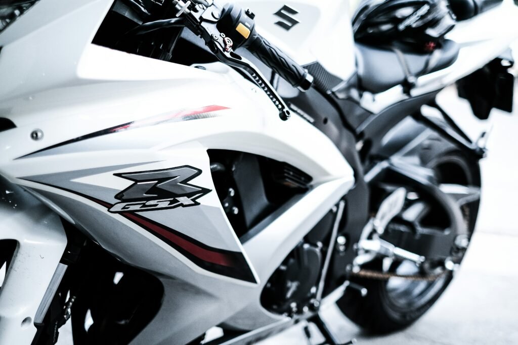 white Suzuki GSX motorcycle